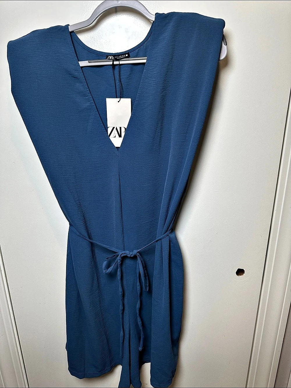 Zara Shoulder Pad Romper Blue Tie Waist XL (55)